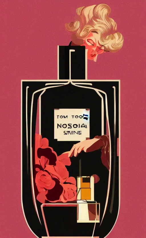 Image similar to illustration, close - up photo with beautiful bottle of perfume near nose, sniffing the aroma, an art deco painting by tom whalen, trending on behance, art deco, digital illustration, storybook illustration, grainy texture, flat shading, vector art, airbrush, pastel, watercolor, poster