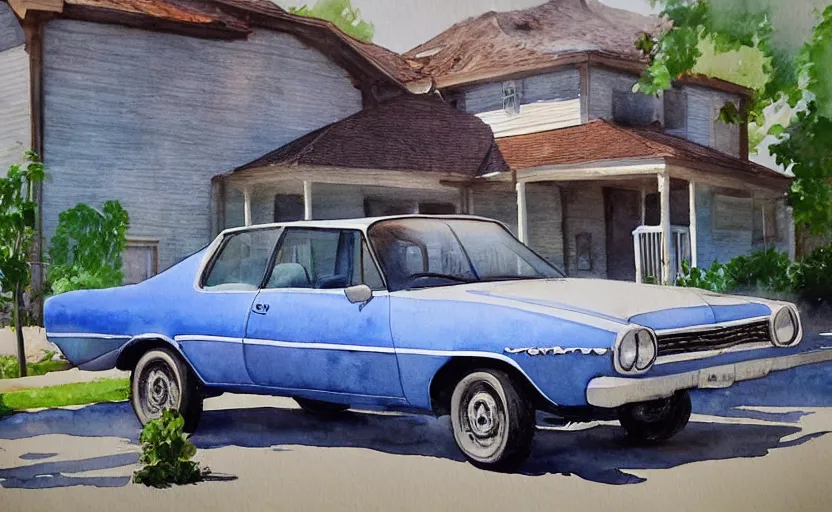 Image similar to a watercolor painting of a chevrolet opala parked near a 1 9 0 0 s house, digital painting, masterpiece, hyperrealistic, concept art, trending on deviantart, highly detailed, high quality, 4 k, symmetrical, low contrast, watercolor, warm, soft lighting, path traced, godrays, vintage, soft colors