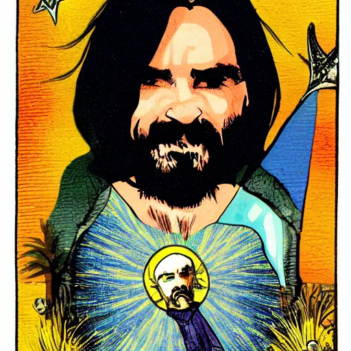 Image similar to ryder waite tarot card depicting charles manson