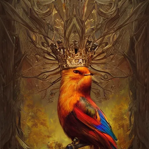 Image similar to carved wooden colorful bird, golden crown, dark, rusty, fantasy forest, highly detailed, realistic, artstation, concept art, smooth, sharp focus, illustration, art by artgerm and greg rutkowski and alphonse mucha