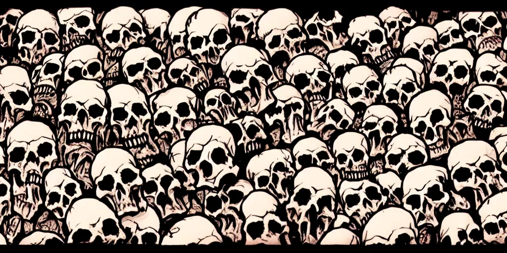 Prompt: a !!!!hellish landscape of skulls of different sizes, bones and flesh. Anime style.