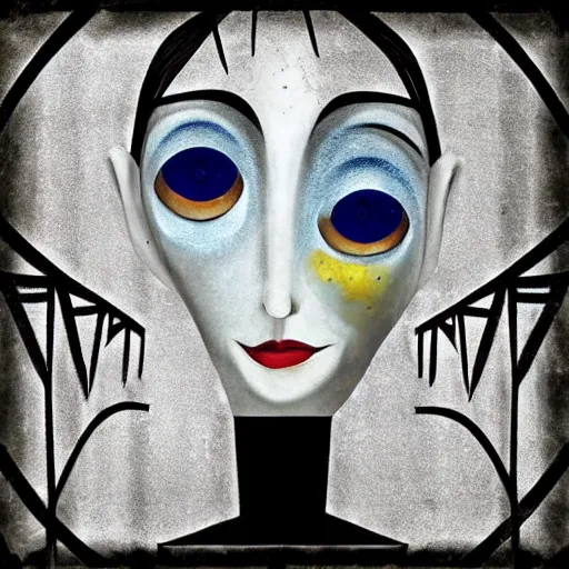 Image similar to “Coraline movie ‘other mother’ portraiture, art deco, 1950’s, solid shapes”