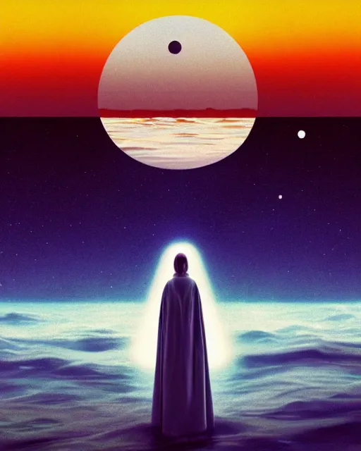 Image similar to a person wearing a white cloak standing in the water. a large planet is overhead. an album cover by stanley twardowicz, trending on cg society, retrofuturism, retrowave, chillwave, synthwave