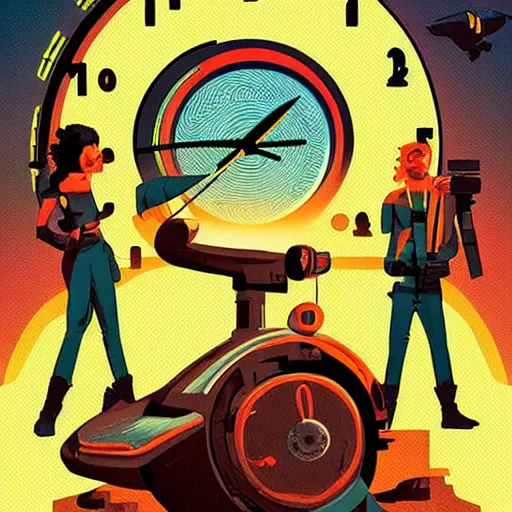 Image similar to centred clock arrow colourful scifi illustration art by tim doyle