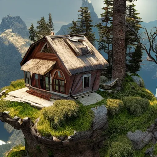 Image similar to house on the top of mountain island, unreal engine, high detail, realism, award winning, detailed lighting