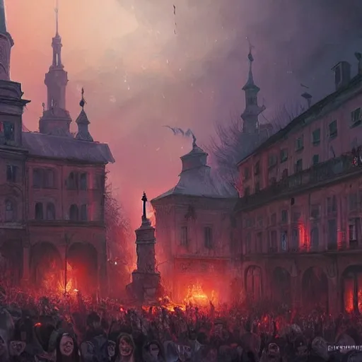 Image similar to lviv downtown in hell, inferno, witches, demons, panorama, highly detailed, full body, digital painting, trending on artstation, concept art, sharp focus, illustration, art by artgerm and greg rutkowski and magali villeneuve