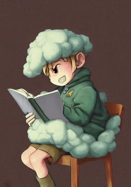 Image similar to beautiful little boy wearing sheep suit reading a book while sitting on chair, gray, blue, green and brown pallet color. made in abyss art style, inspired by kris from deltarrune, cute detailed artwork, anatomically correct, soft details, ilya kuvshinov, reflection, perfect composition, mobile wallpaper, illumination, helltaker