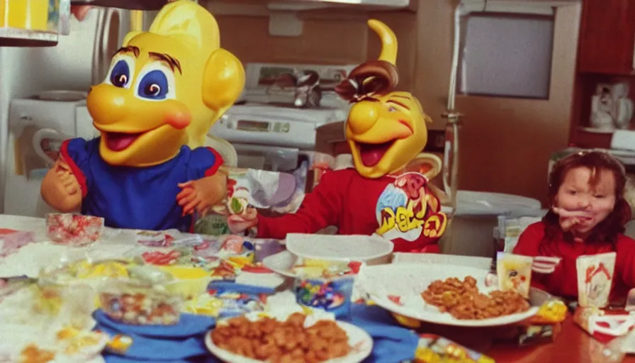 Prompt: 1 9 9 0 s candid 3 5 mm photo of a beautiful day in the family kitchen, cinematic lighting, cinematic look, golden hour, an absurd costumed mascot from the jimbles the super pony show is eating all of the kids cereal, the kids are hungry and the mascot is eating all of their food, uhd