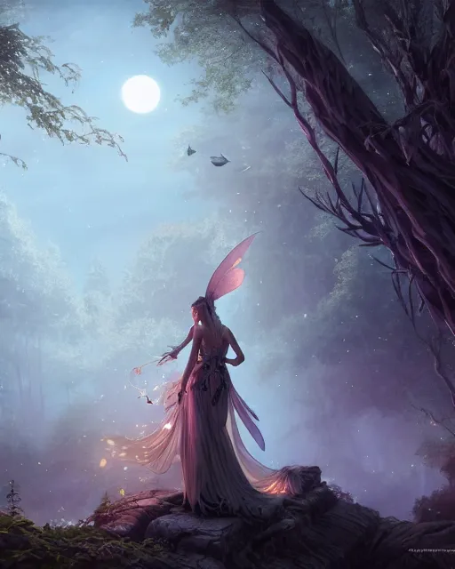 Image similar to attractive fairy goddness fly high in the night, d & d, fantasy, mist, full moon in background, trees, hyper detailed, art by artgerm and greg rutkowski and magali villeneuve, midium shot, 8 k realistic, cryengine, digital painting, trending on artstation, concept art, sharp focus, illustration,