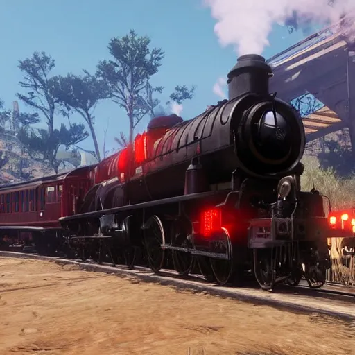 Image similar to futuristic sleek steam locomotive in red dead redemption 2