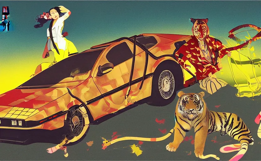 Prompt: a red delorean and a yellow tiger in ajegunle, painting by hsiao - ron cheng, utagawa kunisada & salvador dali, magazine collage style,