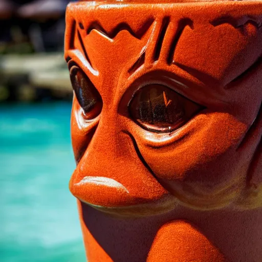 Image similar to a closeup photorealistic photograph of a glossy orange cat garfield style tiki mug sitting at a trader vic's beach bar featuring garfield's face. tiki theme. bright scene. fine detail. this 4 k hd image is trending on artstation, featured on behance, well - rendered, extra crisp, features intricate detail, epic composition and the style of unreal engine.