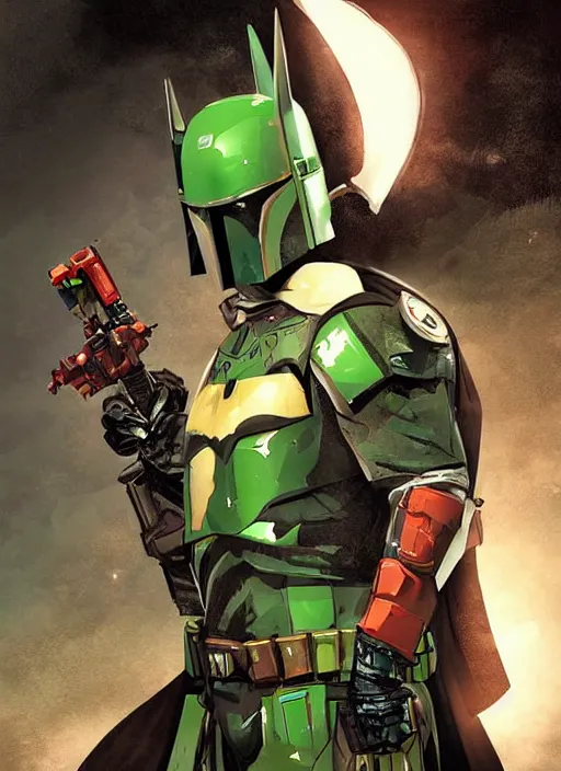 Image similar to batman x boba fett, digital art, character mashup, epic lighting, combination art