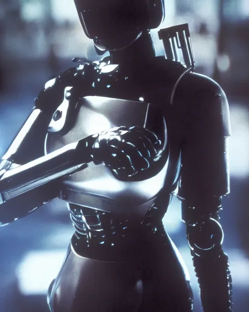 Image similar to film still close - up shot of 2 b nier automata as robocop from the movie robocop. photographic, photography