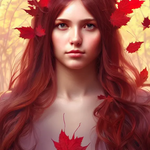 Image similar to girl with super long hair, hair becoming autumn red leaves, intricate, highly detailed, digital painting, artstation, concept art, smooth, sharp focus, illustration, unreal engine 5, 8 k, art by artgerm and greg rutkowski and alphonse mucha