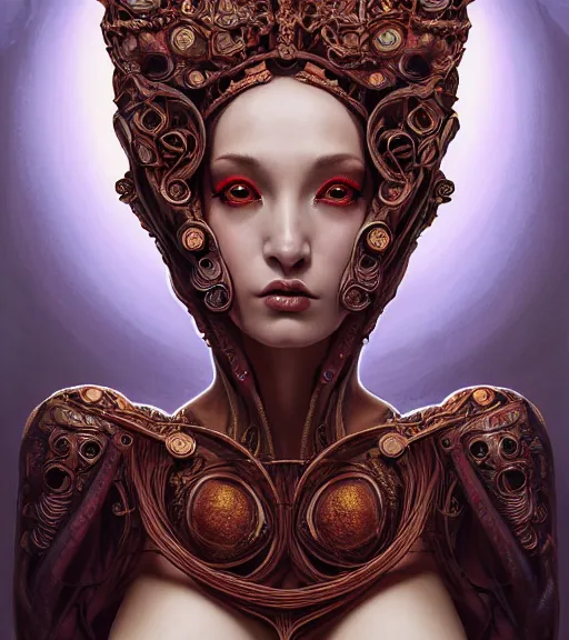 Prompt: symmetrical painting, a beautiful female succuba queen in hollow dress, pretty, gorgeous, attractive, stunning, inspired by queens blade, detailed and intricate, perfect body shape, perfect face, hypermaximalist, elegant, ornate, luxury, elite, matte painting, cinematic lighting, james jean, brian froud, wayne barlowe