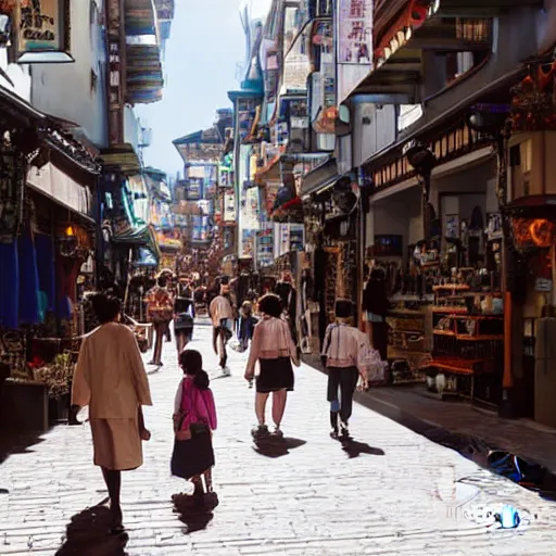 Prompt: photograph of sunny street with people walking, street has many shops and bulls, fantasy, by studio ghibli, dramatic light