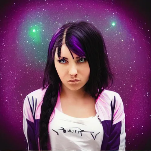 Image similar to “Sci fi, A female, full body, black hair with purple streaks, black hoodie with tech on it”