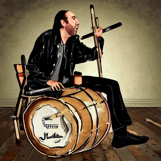 Prompt: nic cage breaking a drum over his knee, stylized album cover