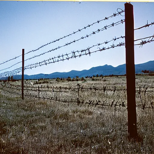 Prompt: photo, wyoming, barbed wire fence, kodak ektachrome 1 2 0, 2 6 mm,