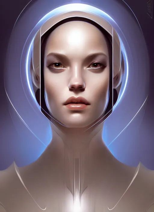 Image similar to portrait of female android, symmetry, intricate, elegant, highly detailed, smooth, sharp focus, concept art, digital painting, illustration, artstation, by fra angelico and greg ruthkowski