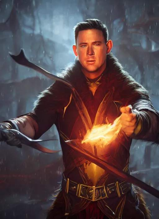 Image similar to A fantasy comic book style portrait painting of a Channing Tatum as a elf Sorcerer casting a fire spell, unreal 5, DAZ, hyperrealistic, octane render, RPG portrait, ambient light, dynamic lighting