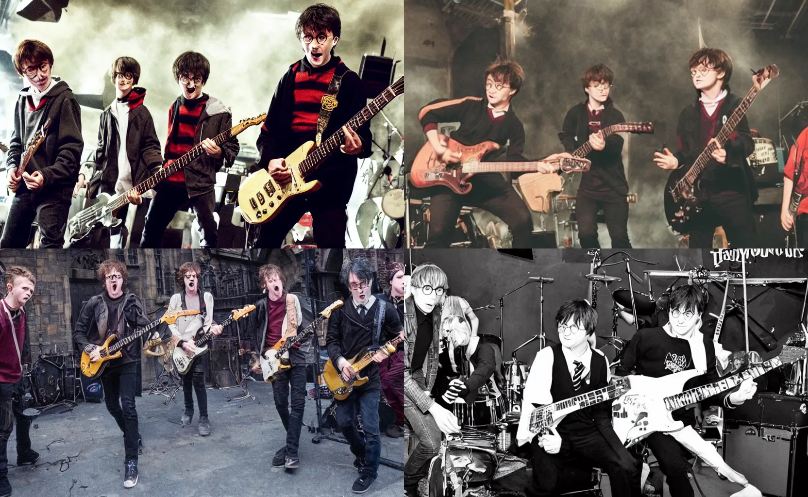 Prompt: footage of Harry Potter playing in a punk rock band