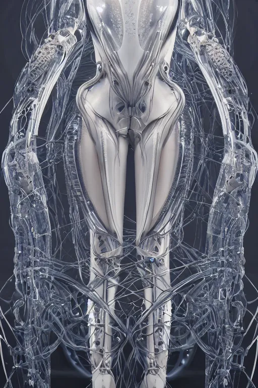 Image similar to iris van herpen, perfect symmetrical body, helmet on face, full body shot, inflateble shapes, wires, tubes, veins, jellyfish, white biomechanical details, wearing epic bionic cyborg implants, masterpiece, intricate, biopunk, vogue, highly detailed, artstation, concept art, cyberpunk, octane render