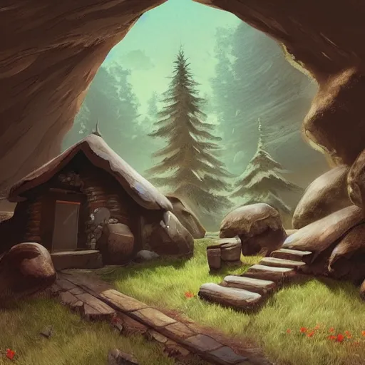 Image similar to cabin in a cave, artstation, digital art, felix Kelly