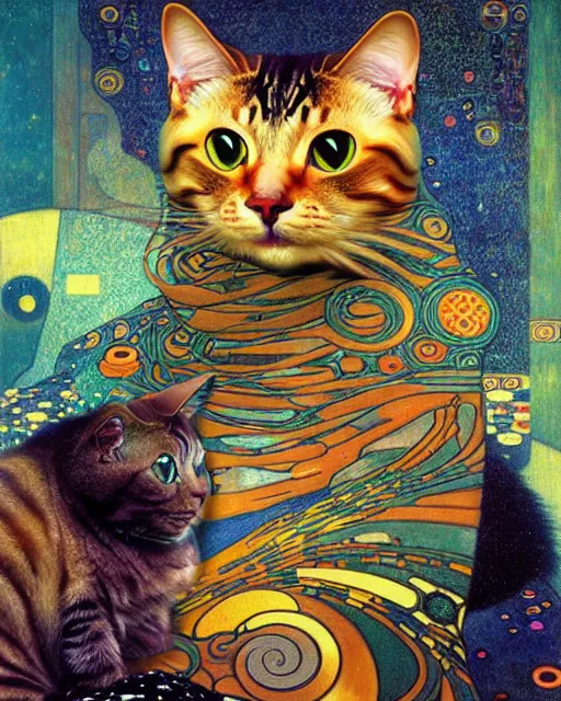 Image similar to futuristic cat portrait an oil painting splashes with many colors and shapes by gustav klimt greg rutkowski and alphonse mucha, polycount, generative art, psychedelic, fractalism, glitch art