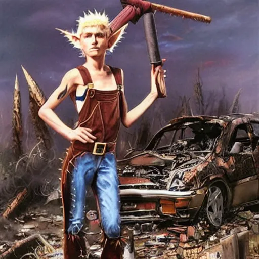 Image similar to a skinny elf with spiky blonde hair wearing dark brown overalls and holding dynamite standing next to a destroyed car, painting by Jim Burns