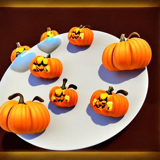 Prompt: 3 d cartoon style full view of a plate with 3 delicious 3 d pumpkin turnovers with glazing in the style of disney and pixar, c 4 d, farmville