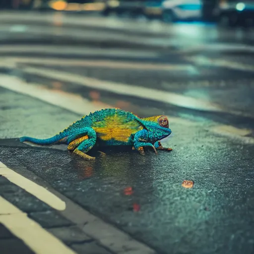 Image similar to a high quality low wide angle photo of a chameleon on the streets of a cyberpunk city, rainy, reflective ground, neon lights, realism, 8k