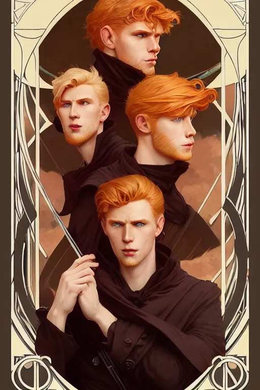 Prompt: cinemtic portrait of one blond man, one redhead man, one brunet man!!! by artgerm, cushart krenz, greg rutkowski, mucha. art nouveau. gloomhaven, 3 brothers!!, vibrant colors, sharp edges. ultra clear detailed. 8 k. elegant, intricate, octane render