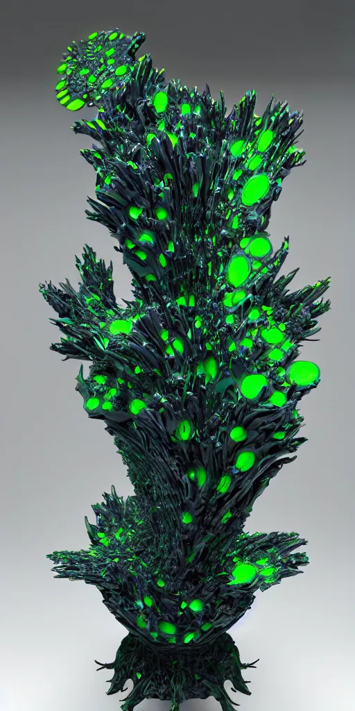 Prompt: 3 d photographic render of asymmetric mandelbulb sculpture, bioluminescent chrometype, made of liquid metal, neotribal with thorns and green thunders, cyberpunk, raytracing, hyper realistic, volumetric lightning, 8 k, by zhelong xu and ouchh studio