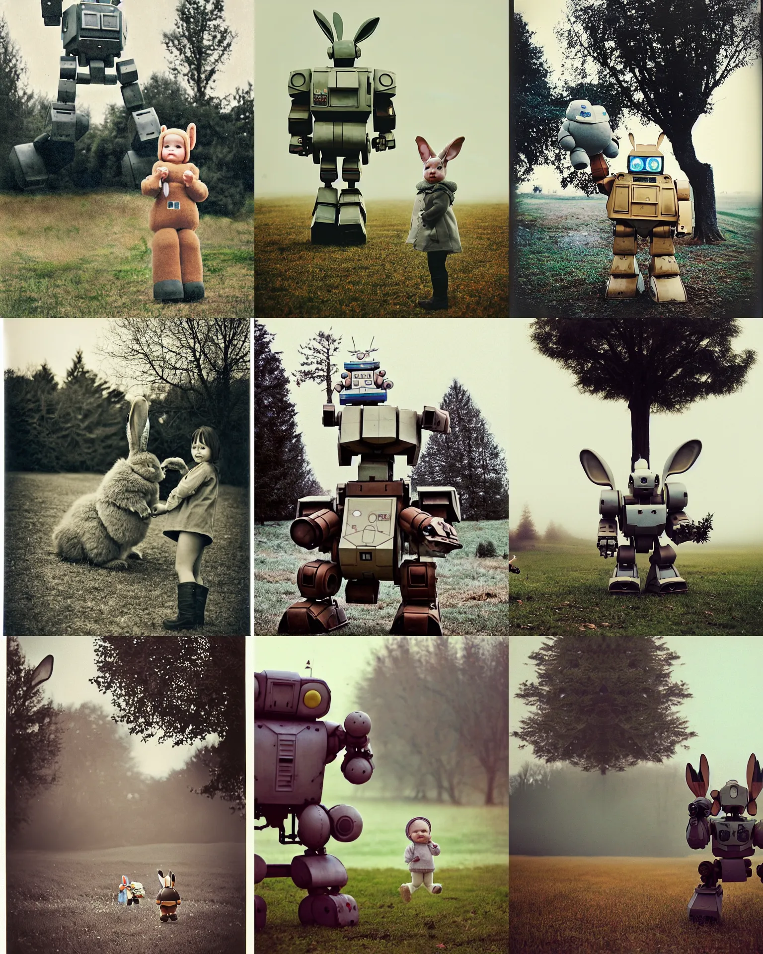 Prompt: giant oversized baby cute chubby battle robot mech with giant rabbit ears s as giant baby on village, Cinematic focus, small tree in far background, Polaroid photo, vintage, neutral colors, soft lights, foggy ,by Steve Hanks, by Serov Valentin, by lisa yuskavage, by Andrei Tarkovsky