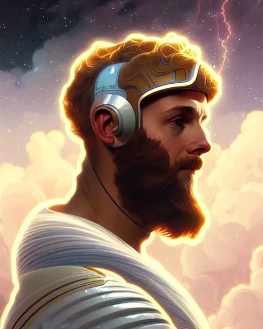 Image similar to portrait of zeus as an astronaut, intricate, highly detailed, digital painting, artstation, concept art, smooth, sharp focus, illustration, art by artgerm and greg rutkowski and alphonse mucha