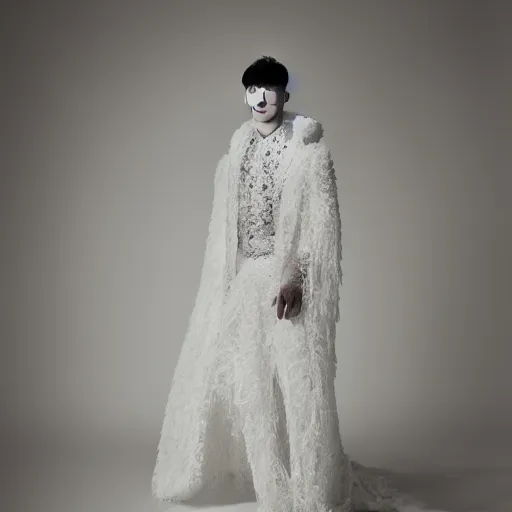 Prompt: a beautiful young korean male wearing a translucid lace wedding gown designed by alexander mcqueen, photographed by andrew thomas huang for a fashion editorial