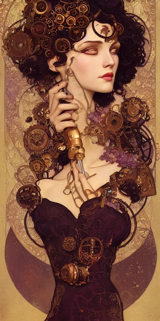 Image similar to prettiest woman with curly dark hair in steampunk costume, art deco, mucha klimt and tom bagshaw, art deco, rim lighting, low key lighting, character concept, oil painting, mike mignola