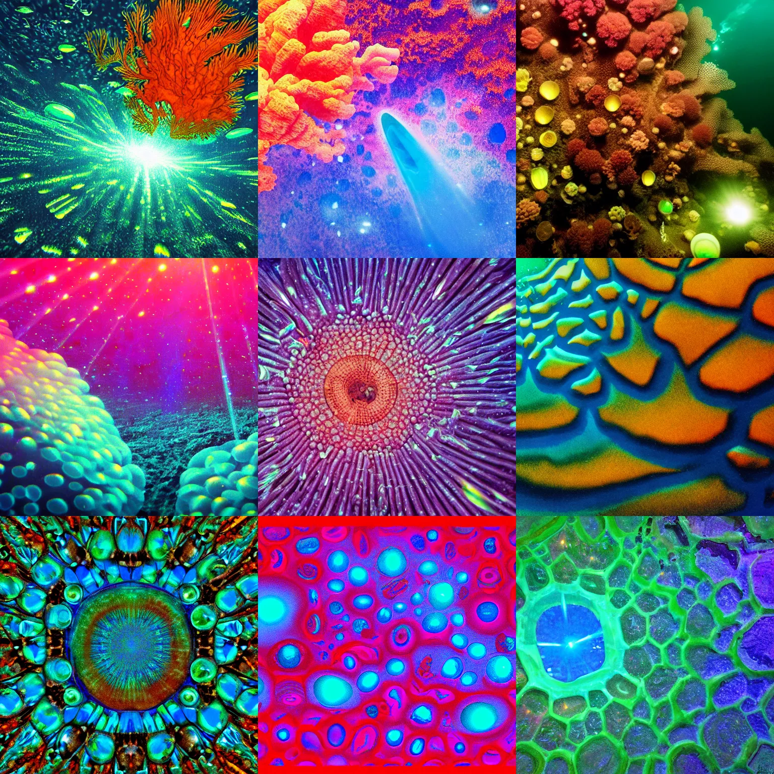 Prompt: deep underwater, shafts of light piercing and refracting, corals are gemstones, intro to uncut gems, intersecting shafts of refracting light, brilliant, artstation, science, nature documentary, soft light, depth of vision, blur, in the style of georgia o'keefe, wide shot, halftone