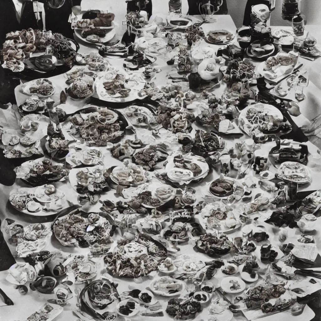 Prompt: a 70s photo of a spread of horrible food sculptures