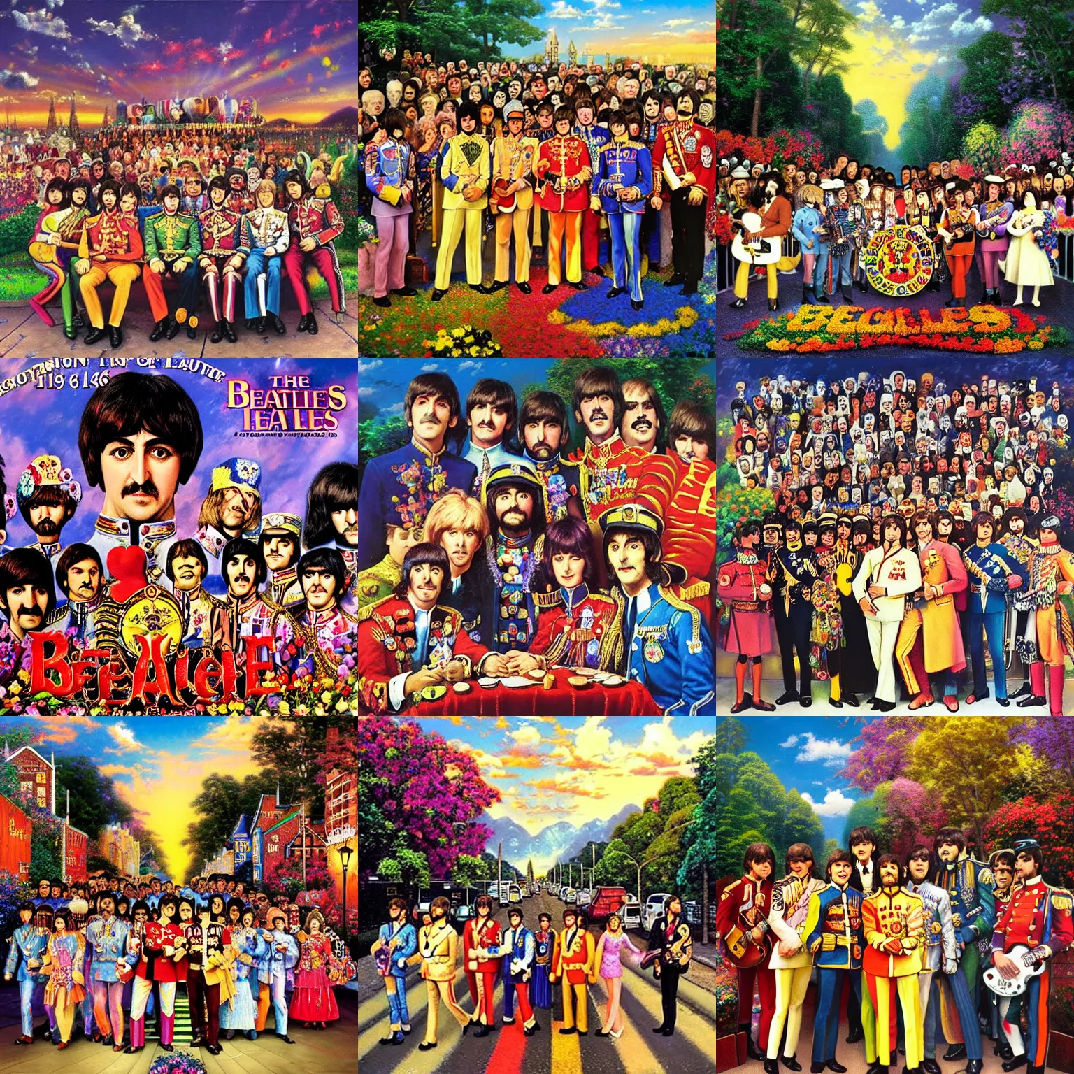 Prompt: the beatles sgt pepper's!!! by thomas kinkade!!! lonely hearts club band ( 1 9 6 7 ) album cover!!!!!!!!!!!!!!!!!!!!!!!!!!!!!! by thomas kinkade