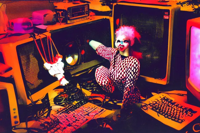 Image similar to cute clowngirl in clowncore cyberspace, fractal, in 2 0 5 5, y 2 k cutecore clowncore, low - light photography, bathed in the glow of a crt monitor, terry richardson photoshoot