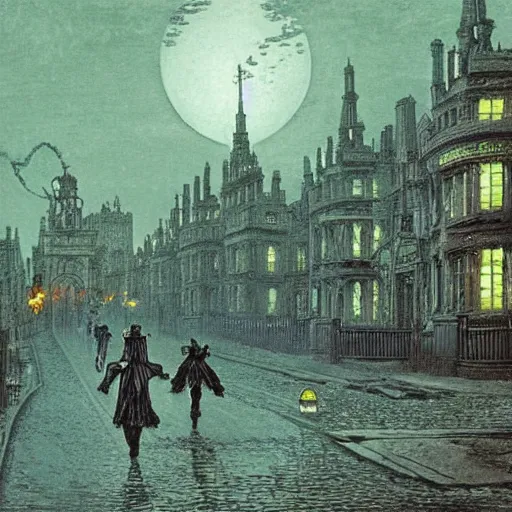 Prompt: gigantic eldritch aliens attack Victorian London. People screaming and running, in the style of john atkinson grimshaw