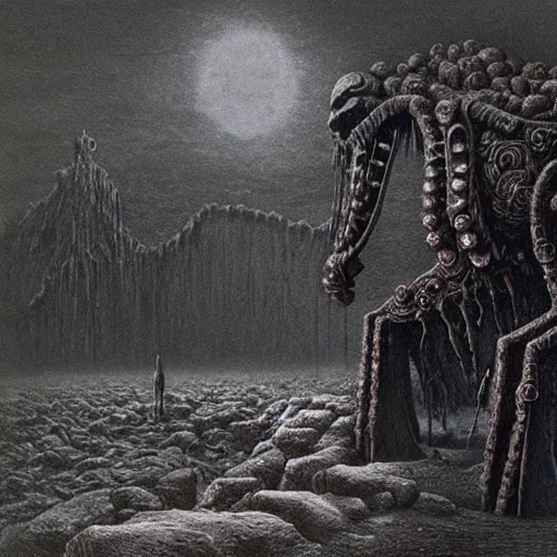 Prompt: ancient gear beast beksinski, eldritch, apocalypse, creepy creature, horror spooky