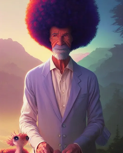 Image similar to highly detailed surreal vfx portrait of a sacred bob ross, stephen bliss, unreal engine, greg rutkowski, loish, rhads, beeple, makoto shinkai and lois van baarle, ilya kuvshinov, rossdraws, tom bagshaw, alphonse mucha, global illumination, detailed and intricate environment