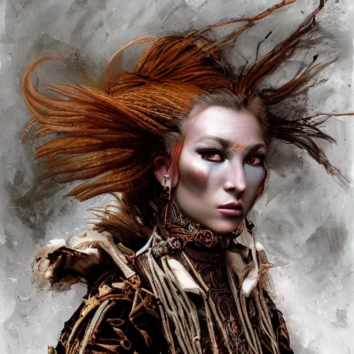 Image similar to portrait of a Shibari rope wrapped face and neck, headshot, insanely nice professional hair style, dramatic hair color, digital painting, of a old 15th century, zulu warrior, amber jewels, baroque, ornate clothing, scifi, realistic, hyperdetailed, chiaroscuro, concept art, art by Franz Hals and Jon Foster and Ayami Kojima and Amano and Karol Bak,