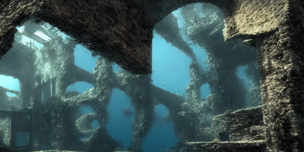 Prompt: underwater ruins, reflective water, caustics, ray tracing, refractive, hdr, award winning, trending on artstation, digital art. highly detailed 8 k. intricate. lifelike. soft light. nikon d 8 5 0.