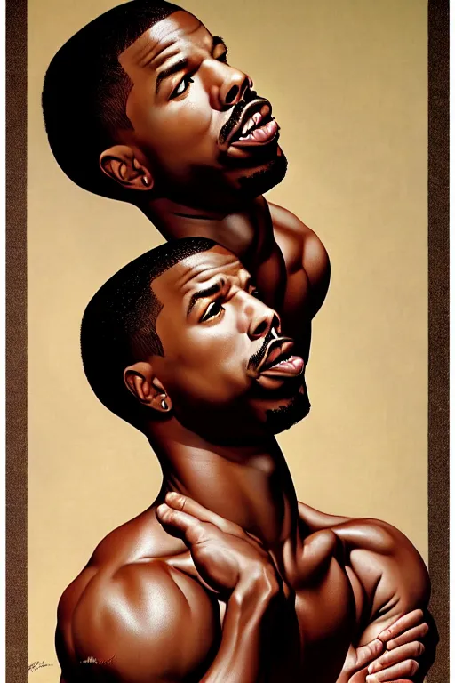 Image similar to michael b. jordan by gil elvgren and norman rockwell and rob gonsalves and hajime sorayama, hyperrealistic, high detail, ultra detailed, highly detailed face, ruffled fabric