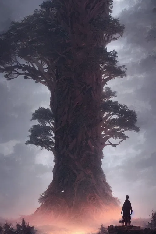 Prompt: a beautiful terrifying tree giant looms over a tiny human. epic dawn, ethereal fantasy art by greg rutkowski